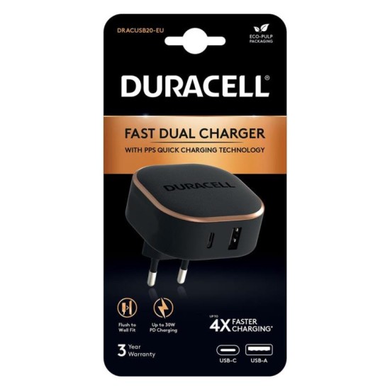 Φορτιστής Ταξιδίου Ταχείας Φόρτισης Duracell PD 30W με Έξοδο USB A & Έξοδο USB C Μαύρο Φορτιστής Ταξιδίου Ταχείας Φόρτισης Duracell PD 30W με Έξοδο USB A & Έξοδο USB C Μαύρο