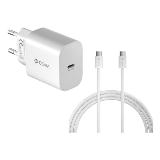 Φορτιστής Ταξιδίου Ταχείας Φόρτισης Devia RCE-3005CL 30W με Έξοδο USB C GaN PD & Καλώδιο USB C σε USB C Smart 1m Λευκό Φορτιστής Ταξιδίου Ταχείας Φόρτισης Devia RCE-3005CL 30W με Έξοδο USB C GaN PD & Καλώδιο USB C σε USB C Smart 1m Λευκό