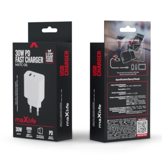 Φορτιστής Ταξιδίου Ταχείας Φόρτισης Maxlife MXTC-06 με Διπλή Έξοδο USB A & USB C PD + QC 20W Λευκό