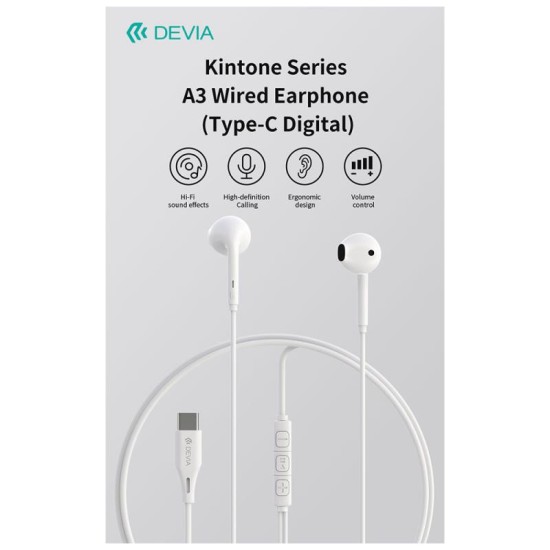 Hands Free Stereo A3 Devia EM109 USB C Kintone Λευκό Hands Free Stereo A3 Devia EM109 USB C Kintone Λευκό