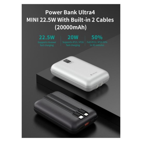 Φορτιστής Ανάγκης Devia EP208 MINI 22.5W 20000mAh με 2 Ενσωματωμένα Καλώδια Ultra4 Ασημί