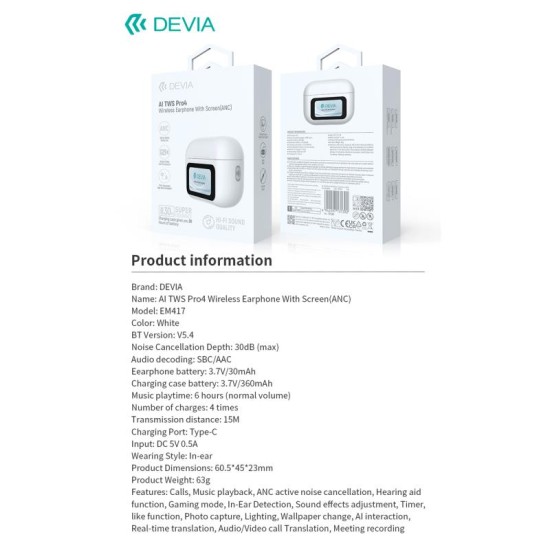True Wireless Ακουστικά Bluetooth Devia ANC EM417 Pro4 με Μεταφραστή AI & Οθόνη Λευκό True Wireless Ακουστικά Bluetooth Devia ANC EM417 Pro4 με Μεταφραστή AI & Οθόνη Λευκό