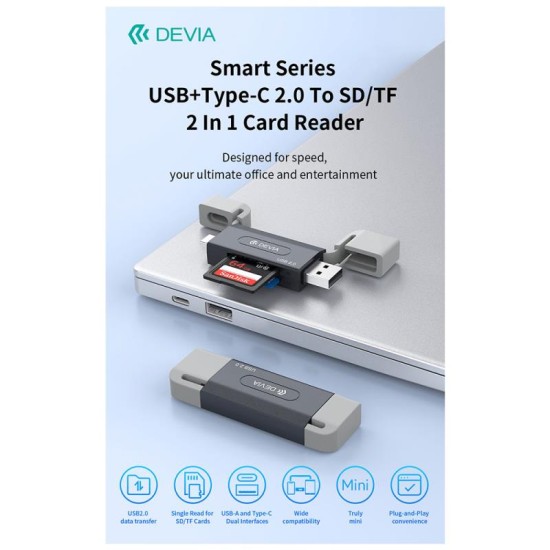 Hub USB A + USB C To SD/TF Devia EL239 2 σε 1 Card Reader Smart Μαύρο Hub USB A + USB C To SD/TF Devia EL239 2 σε 1 Card Reader Smart Μαύρο