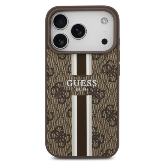 Θήκη PU Guess MagSafe Apple iPhone 17 Pro Hardcase 4G Printed Stripes Καφέ