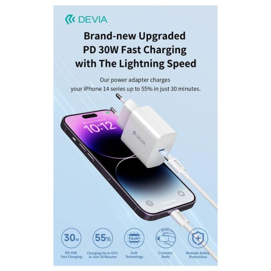 Φορτιστής Ταξιδίου Ταχείας Φόρτισης Devia RCE-3005CL 30W με Έξοδο USB C GaN PD & Καλώδιο USB C σε Lightning Smart 1m Λευκό Φορτιστής Ταξιδίου Ταχείας Φόρτισης Devia RCE-3005CL 30W με Έξοδο USB C GaN PD & Καλώδιο USB C σε Lightning Smart 1m Λευκό