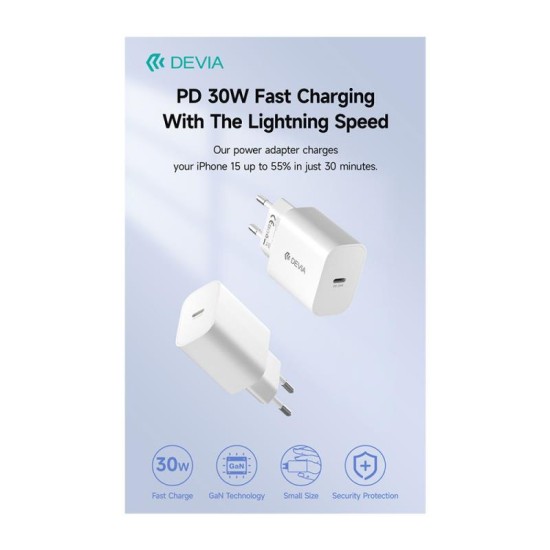 Φορτιστής Ταξιδίου Ταχείας Φόρτισης Devia RCE-3005CL 30W με Έξοδο USB C GaN PD Smart Λευκό