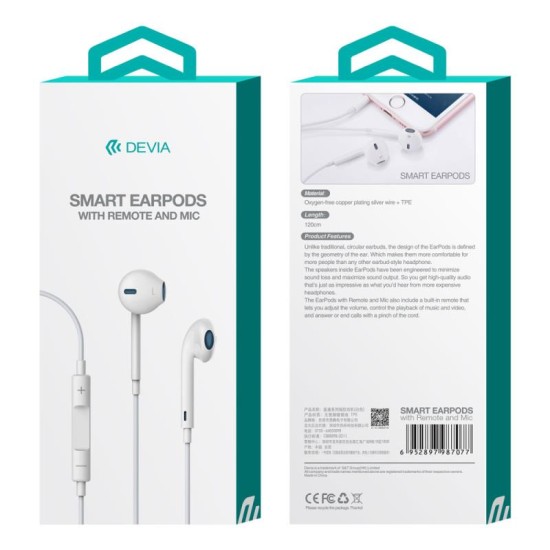 Hands Free Stereo Devia Earpods EM022 3.5mm με Χειριστήριο & Μικρόφωνο Λευκό