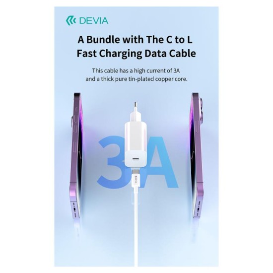 Φορτιστής Ταξιδίου Ταχείας Φόρτισης Devia RCE-3005CL 30W με Έξοδο USB C GaN PD & Καλώδιο USB C σε Lightning Smart 1m Λευκό Φορτιστής Ταξιδίου Ταχείας Φόρτισης Devia RCE-3005CL 30W με Έξοδο USB C GaN PD & Καλώδιο USB C σε Lightning Smart 1m Λευκό