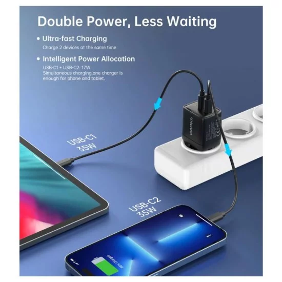 Φορτιστής Ταξιδίου Ταχείας Φόρτισης Choetech PD6051 με Διπλή Έξοδο USB C GaN PD 35W Μαύρο Φορτιστής Ταξιδίου Ταχείας Φόρτισης Choetech PD6051 με Διπλή Έξοδο USB C GaN PD 35W Μαύρο