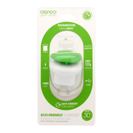 Φορτιστής Ταξιδίου Osungo Mushroom GreenZERO με Έξοδο USB 5V/1.0A Λευκό-Πράσινο