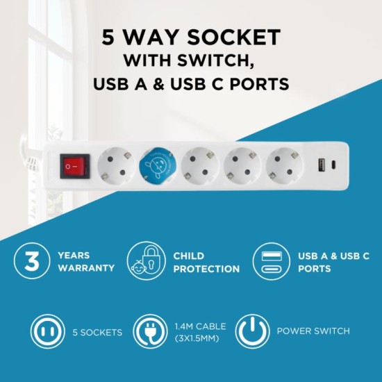 Πολύπριζο GSC 5 Θέσεων με Διακόπτη, Θύρες 1xUSB A, 1xUSB C & Καλώδιο 1.4m (3 x 1.5mm) Λευκό Πολύπριζο GSC 5 Θέσεων με Διακόπτη, Θύρες 1xUSB A, 1xUSB C & Καλώδιο 1.4m (3 x 1.5mm) Λευκό