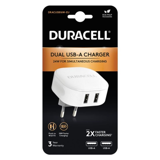 Φορτιστής Ταξιδίου Duracell 24W με Διπλή Έξοδο USB A 4.8A Λευκό Φορτιστής Ταξιδίου Duracell 24W με Διπλή Έξοδο USB A 4.8A Λευκό