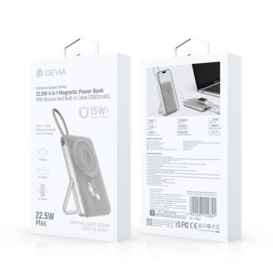 Φορτιστής Ανάγκης Devia EP203 Magnetic 4 σε 1 22.5W 10000mAh με Βραχίονα Στήριξης & Ενσωματωμένο Καλώδιο Extreme Speed Ασημί