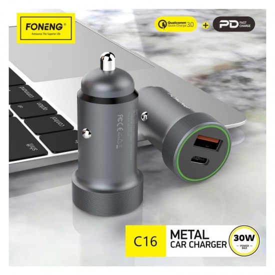 Φορτιστής Αυτοκινήτου Ταχείας Φόρτισης Foneng C16 με Διπλή Έξοδο USB A & USB C 30W Γκρι Φορτιστής Αυτοκινήτου Ταχείας Φόρτισης Foneng C16 με Διπλή Έξοδο USB A & USB C 30W Γκρι