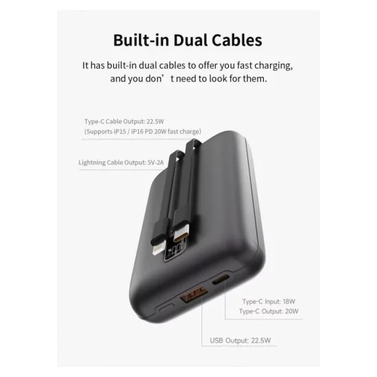 Φορτιστής Ανάγκης Devia EP208 MINI 22.5W 20000mAh με 2 Ενσωματωμένα Καλώδια Ultra4 Γκρι
