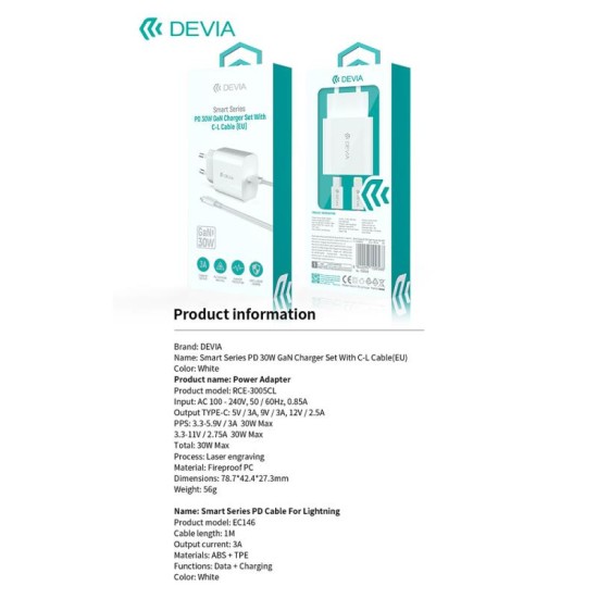 Φορτιστής Ταξιδίου Ταχείας Φόρτισης Devia RCE-3005CL 30W με Έξοδο USB C GaN PD & Καλώδιο USB C σε Lightning Smart 1m Λευκό Φορτιστής Ταξιδίου Ταχείας Φόρτισης Devia RCE-3005CL 30W με Έξοδο USB C GaN PD & Καλώδιο USB C σε Lightning Smart 1m Λευκό