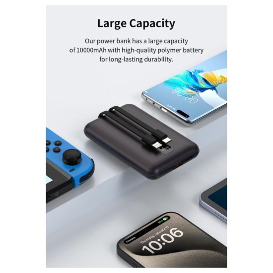 Φορτιστής Ανάγκης Devia EP202 MINI 22.5W 10000mAh με 2 Ενσωματωμένα Καλώδια Extreme Speed Ασημί