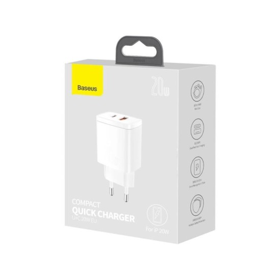 Φορτιστής Ταξιδίου Ταχείας Φόρτισης Baseus Compact με Διπλή Έξοδο USB A & USB C PD + QC 20W 3A Λευκό Φορτιστής Ταξιδίου Ταχείας Φόρτισης Baseus Compact με Διπλή Έξοδο USB A & USB C PD + QC 20W 3A Λευκό