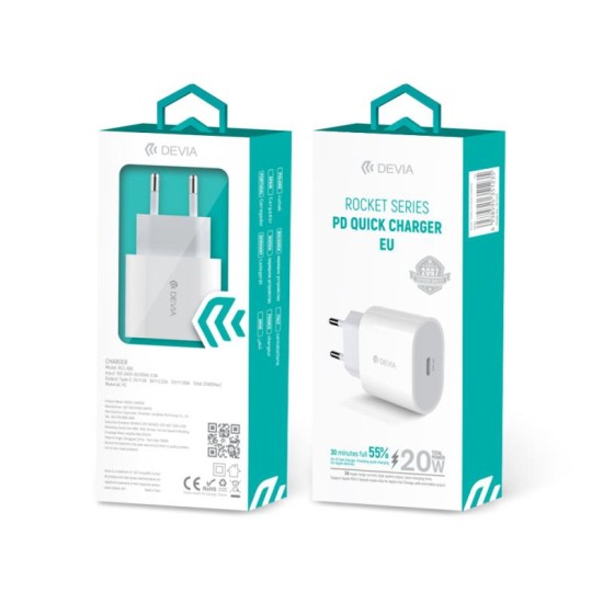 Φορτιστής Ταξιδίου Ταχείας Φόρτισης Devia RLC-380 20W με Έξοδο USB C PD Rocket Λευκό Φορτιστής Ταξιδίου Ταχείας Φόρτισης Devia RLC-380 20W με Έξοδο USB C PD Rocket Λευκό