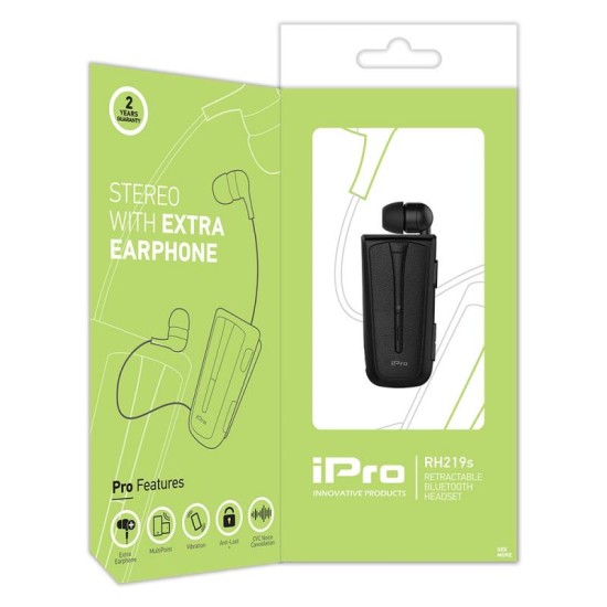 Στερεοφωνικό Ακουστικό Bluetooth iPro RH219s Retractable με Δόνηση Μαύρο Στερεοφωνικό Ακουστικό Bluetooth iPro RH219s Retractable με Δόνηση Μαύρο