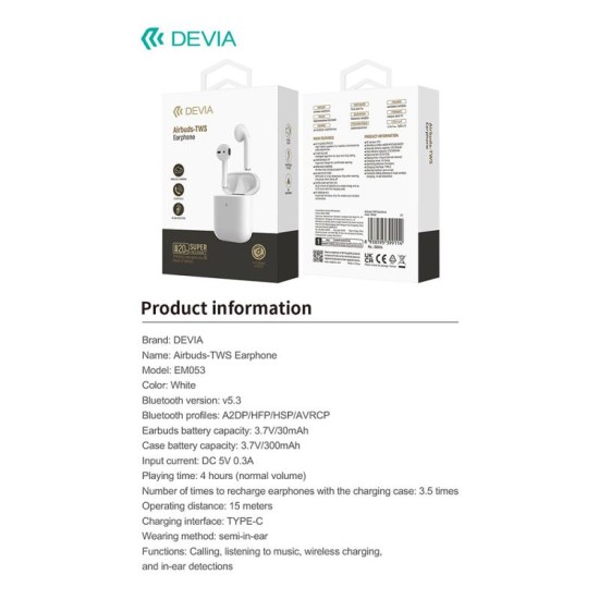 True Wireless Ακουστικά Bluetooth Devia Airbuds TWS EM053 Λευκό True Wireless Ακουστικά Bluetooth Devia Airbuds TWS EM053 Λευκό