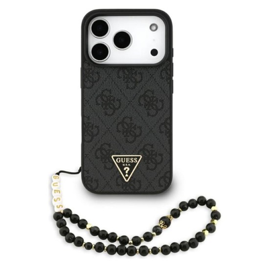 Θήκη PU Guess Apple iPhone 17 Pro Max Hardcase Classic Logo 4G Triangle με Pearl Strap Μαύρο
