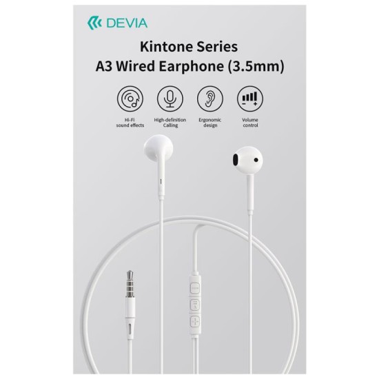 Hands Free Stereo A3 Devia EM108 3.5mm Kintone Λευκό Hands Free Stereo A3 Devia EM108 3.5mm Kintone Λευκό