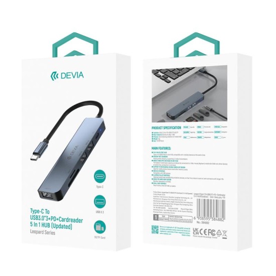 Hub USB C Devia EC135 5 σε 1 (Updated) με Card Reader Leopard PD Σκούρο Γκρι Hub USB C Devia EC135 5 σε 1 (Updated) με Card Reader Leopard PD Σκούρο Γκρι