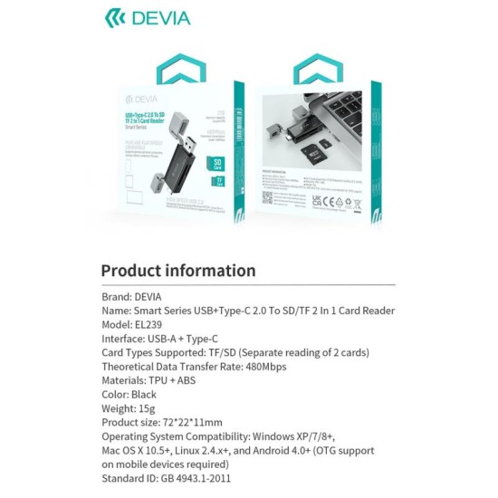 Hub USB A + USB C To SD/TF Devia EL239 2 σε 1 Card Reader Smart Μαύρο Hub USB A + USB C To SD/TF Devia EL239 2 σε 1 Card Reader Smart Μαύρο