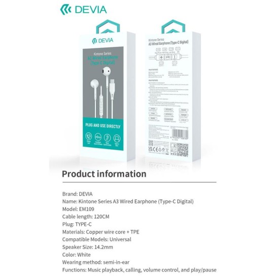 Hands Free Stereo A3 Devia EM109 USB C Kintone Λευκό Hands Free Stereo A3 Devia EM109 USB C Kintone Λευκό
