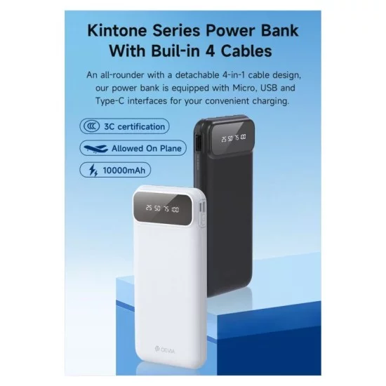 Φορτιστής Ανάγκης Devia EP189 10W 10000mAh με 4 Ενσωματωμένα Καλώδια Kintone Λευκό