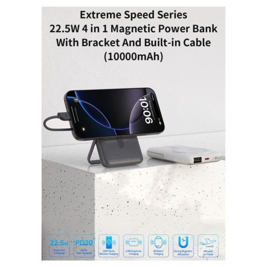 Φορτιστής Ανάγκης Devia EP203 Magnetic 4 σε 1 22.5W 10000mAh με Βραχίονα Στήριξης & Ενσωματωμένο Καλώδιο Extreme Speed Γκρι
