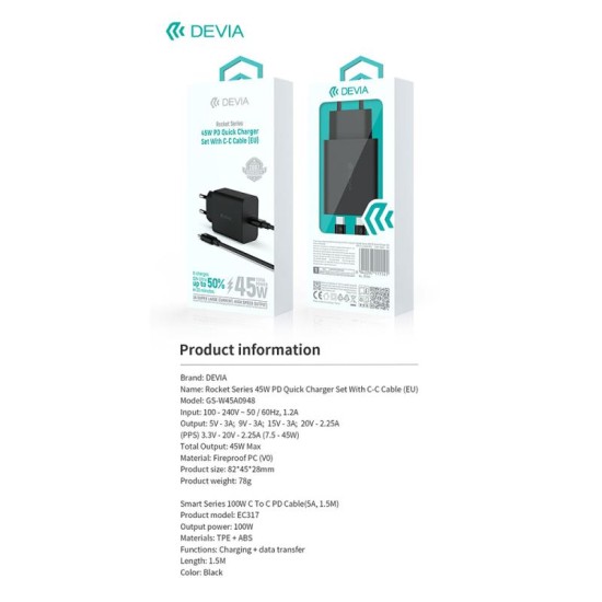 Φορτιστής Ταξιδίου Ταχείας Φόρτισης Devia GS-W45A0948 Rocket 45W με Έξοδο USB C PD & Καλώδιο USB C σε USB C Smart 1.5m Μαύρο Φορτιστής Ταξιδίου Ταχείας Φόρτισης Devia GS-W45A0948 Rocket 45W με Έξοδο USB C PD & Καλώδιο USB C σε USB C Smart 1.5m Μαύρο