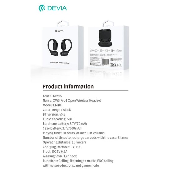 True Wireless Ακουστικά Bluetooth Devia OWS EM401 Pro1 Μπεζ True Wireless Ακουστικά Bluetooth Devia OWS EM401 Pro1 Μπεζ