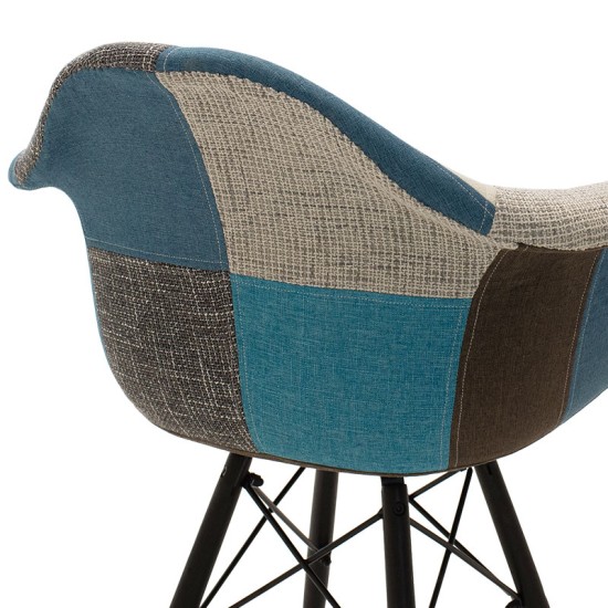 Πολυθρόνα Julita  ύφασμα patchwork μπλε γκρι-μαύρο πόδι