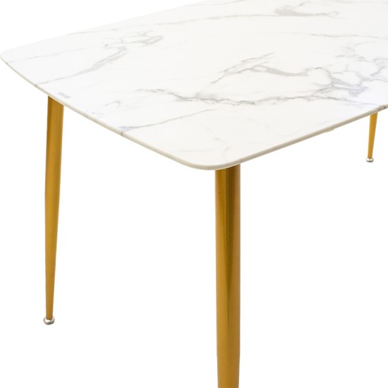 Τραπέζι Paris pakoworld οβάλ γυαλί 8mm λευκό μαρμάρου-χρυσό 150x80x75εκ Model: 029-000152