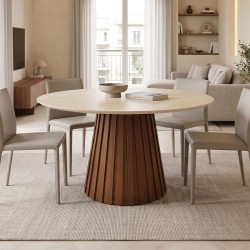 Τραπέζι Franzel  sintered stone σε όψη τραβερτίνας-mdf καρυδί Φ120x75εκ