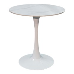 Tραπέζι Balou  sintered stone σε λευκή απόχρωση με όψη μαρμάρου-βάση λευκό μέταλλο Φ90x73εκ