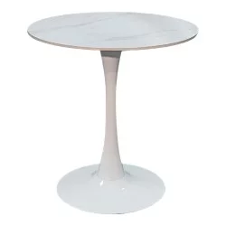 Tραπέζι Balou  sintered stone σε λευκή απόχρωση με όψη μαρμάρου-βάση λευκό μέταλλο Φ90x73εκ