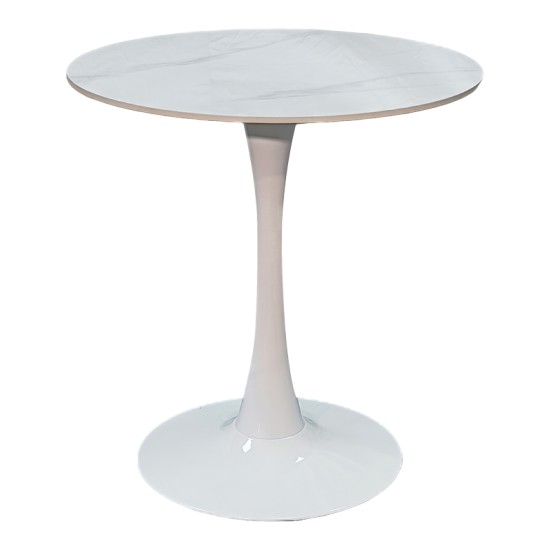 Tραπέζι Balou  sintered stone σε λευκή απόχρωση με όψη μαρμάρου-βάση λευκό μέταλλο Φ90x73εκ