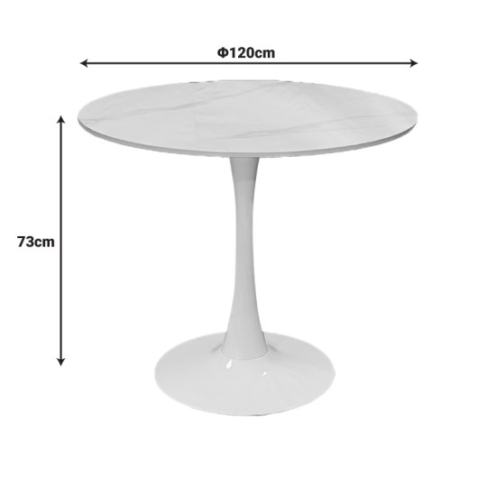 Tραπέζι Balou  sintered stone σε λευκή απόχρωση με όψη μαρμάρου-βάση λευκό μέταλλο Φ120x73εκ