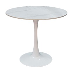 Tραπέζι Balou  sintered stone σε λευκή απόχρωση με όψη μαρμάρου-βάση λευκό μέταλλο Φ120x73εκ