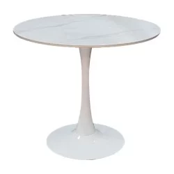 Tραπέζι Balou  sintered stone σε λευκή απόχρωση με όψη μαρμάρου-βάση λευκό μέταλλο Φ120x73εκ