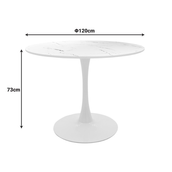 Tραπέζι Balou  sintered stone σε λευκή απόχρωση με όψη μαρμάρου-βάση λευκό μέταλλο Φ120x73εκ