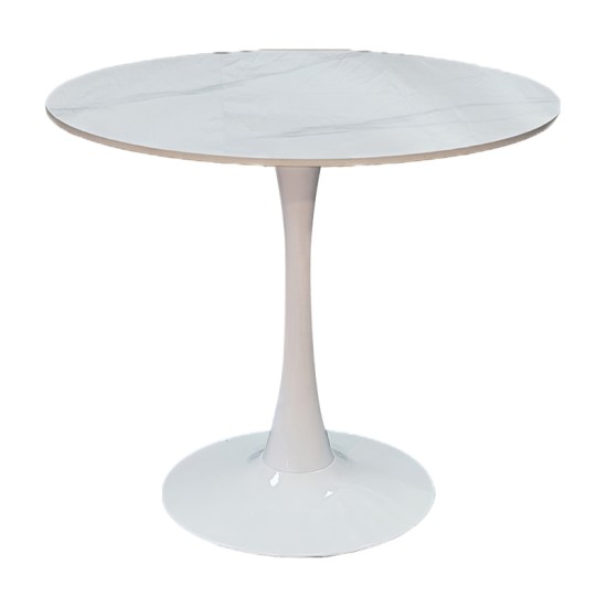 Tραπέζι Balou  sintered stone σε λευκή απόχρωση με όψη μαρμάρου-βάση λευκό μέταλλο Φ120x73εκ