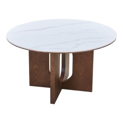 Τραπέζι Merge  sintered stone-mdf σε λευκό μαρμάρου με καρυδί βάση Φ130x75εκ