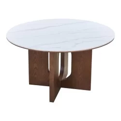 Τραπέζι Merge  sintered stone-mdf σε λευκό μαρμάρου με καρυδί βάση Φ130x75εκ