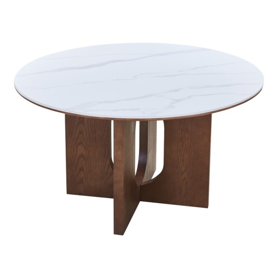 Τραπέζι Merge  sintered stone-mdf σε λευκό μαρμάρου με καρυδί βάση Φ130x75εκ
