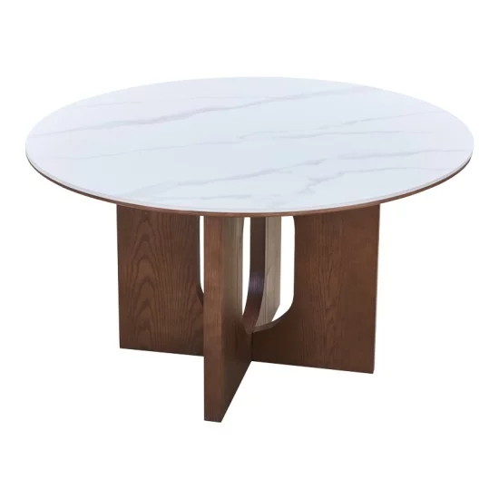 Τραπέζι Merge  sintered stone-mdf σε λευκό μαρμάρου με καρυδί βάση Φ130x75εκ