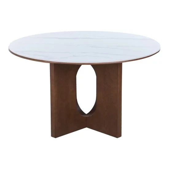 Τραπέζι Merge  sintered stone-mdf σε λευκό μαρμάρου με καρυδί βάση Φ130x75εκ
